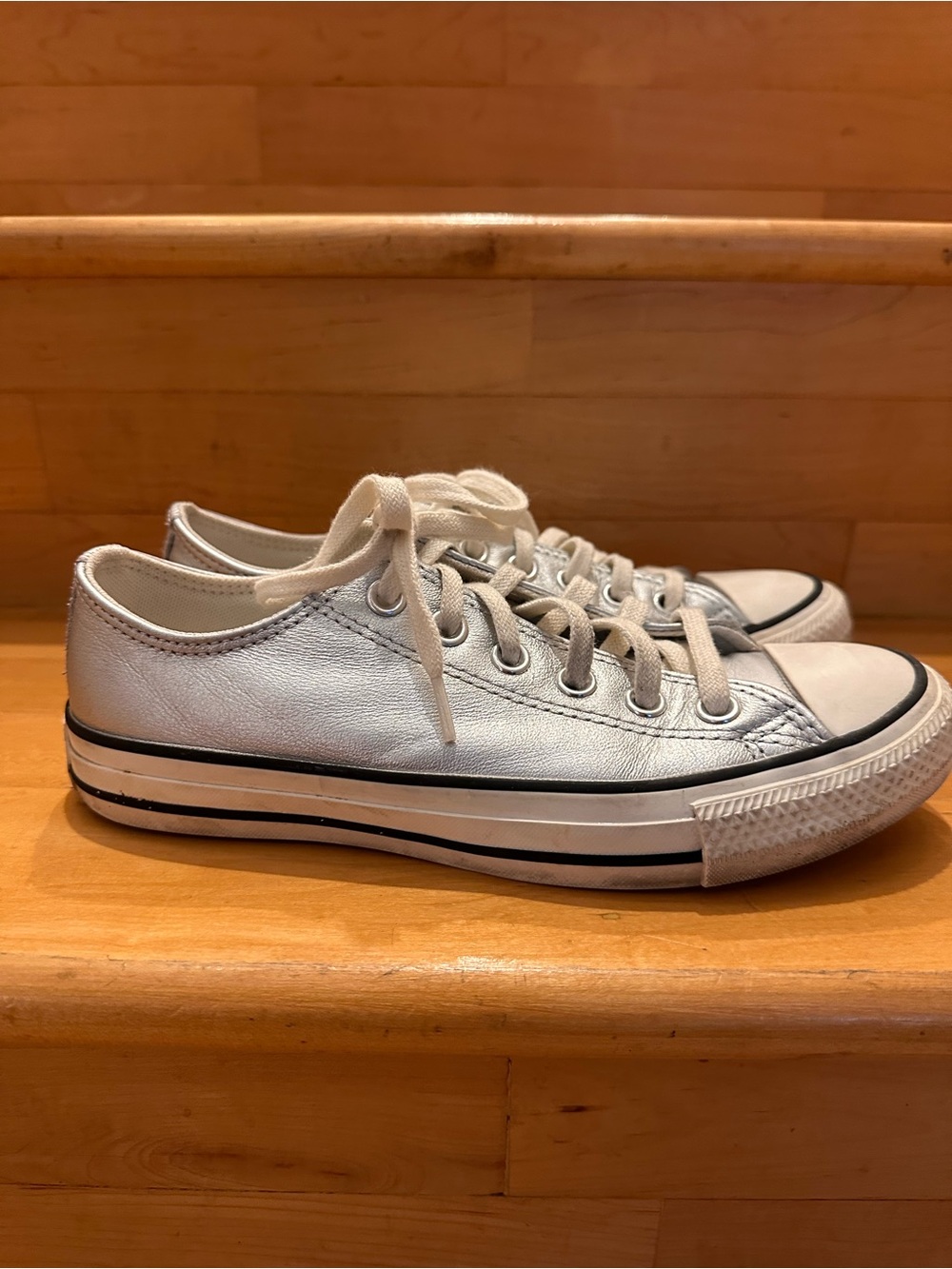 Women’s Silver Leather Converse All-Star Low-Top Sneakers - Sz 6.5